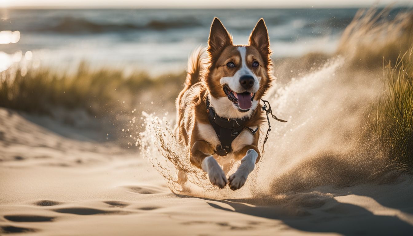 Orange County Dog Friendly Beaches. A joyful dog running off-leash on a sunny beach with waves and sandy dunes in the background.