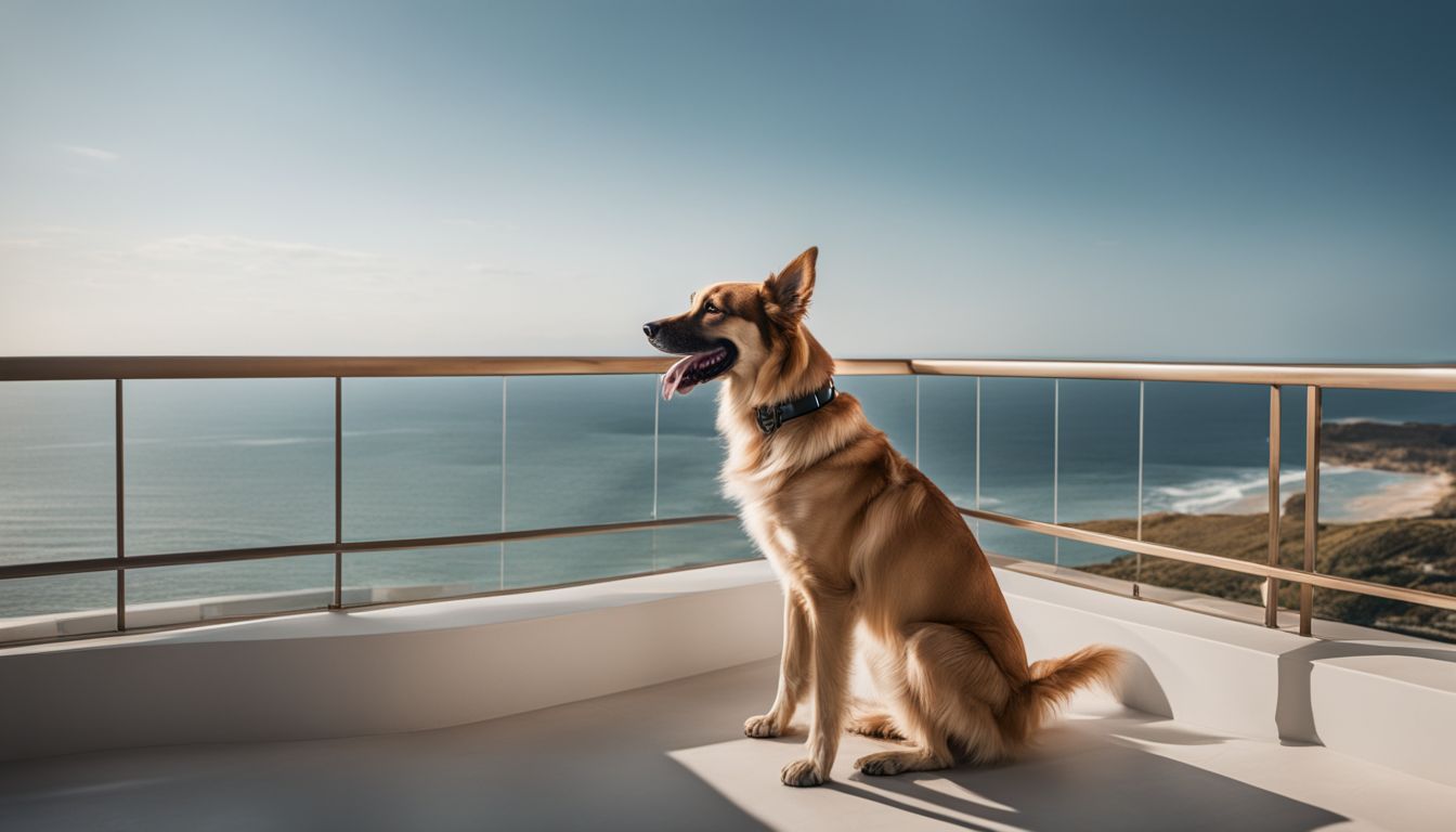 Huntington Beach Dog Friendly. A happy dog sits on a luxury hotel balcony overlooking the beach in a bustling atmosphere.