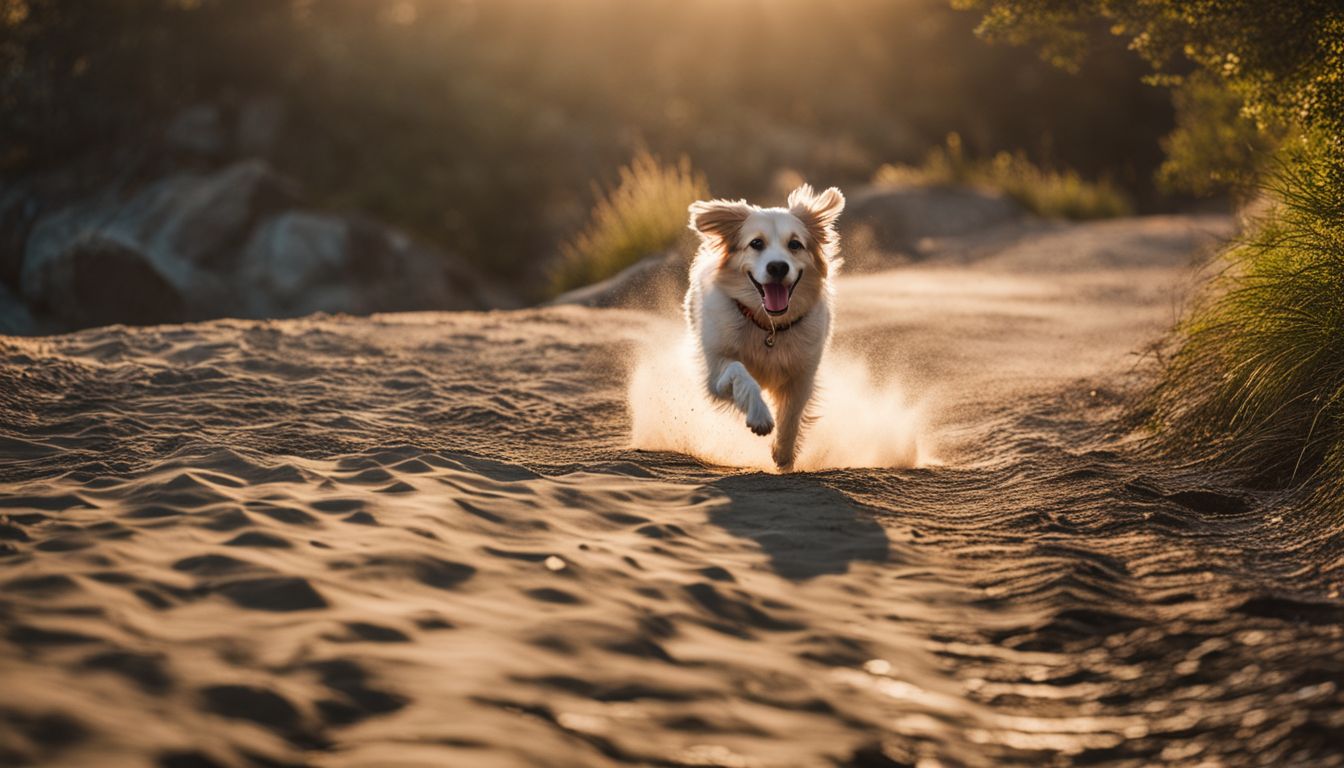 Dog Friendly Beaches Santa Barbara. A happy dog runs off-leash in a beautiful coastal park, with various people enjoying the scenery.