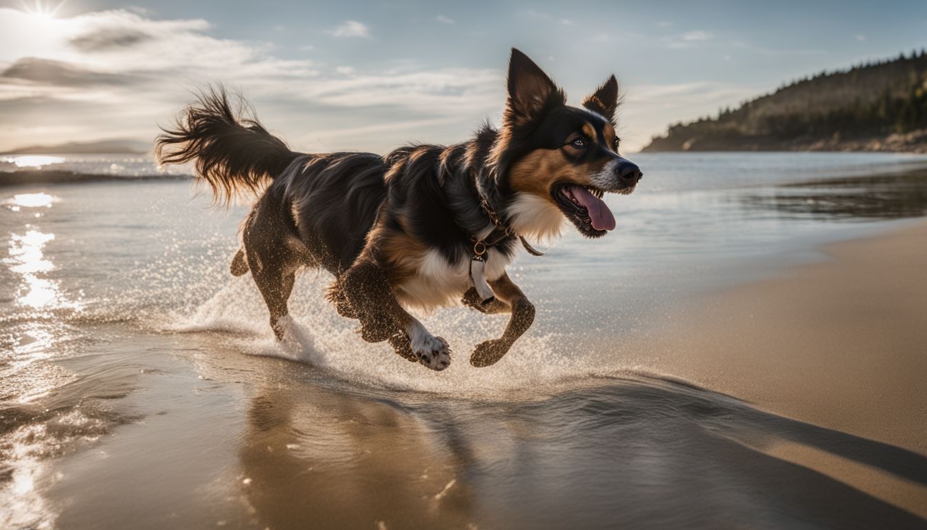 Dog Friendly Beaches Laguna Beach. A joyful dog running along the shore at Shaws Cove Beach in various poses and outfits.