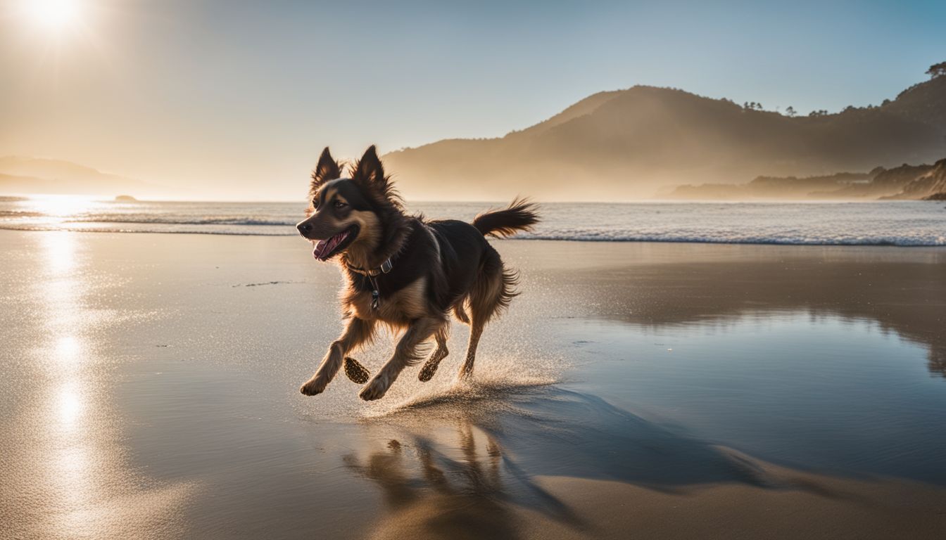 Stinson Beach Dog Friendly. A happy dog running along the shoreline at Stinson Beach captured in high-quality photography.