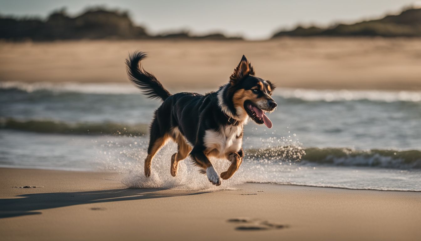 Dog Friendly Beaches Northern California. A joyful dog enjoys playing fetch at a sunny beach in a bustling atmosphere.