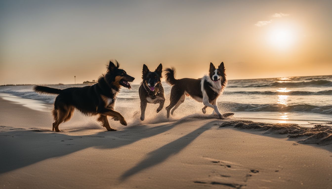 St Augustine Dog Friendly Beaches: St Augustine Dog Friendly Beaches: Dogs playing on St. Augustine's dog-friendly beaches in a bustling atmosphere.