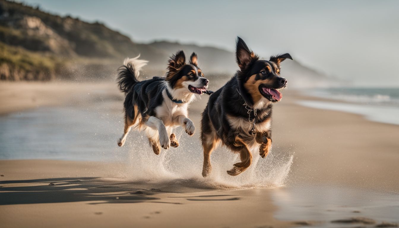 Dog Friendly Beach Venice FL. Dogs playing and running on a sandy beach with the ocean in the background.