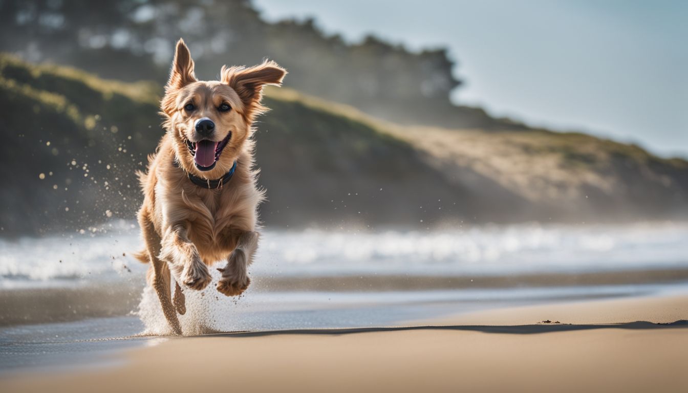 Huntington Beach Dog Friendly. A joyful dog runs on the sandy beach with the ocean in the background.