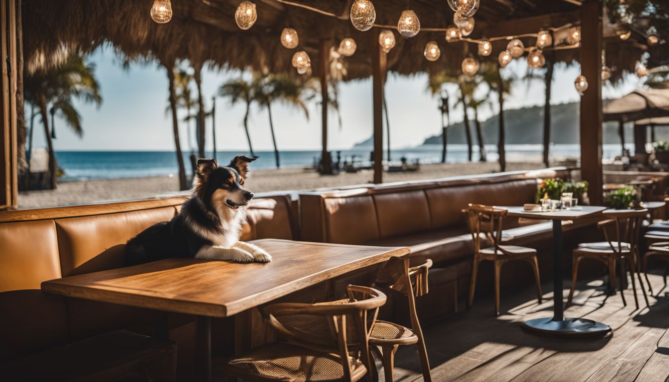 Miramar Beach Dog Friendly. A happy dog sitting under a table at a dog-friendly beach restaurant.