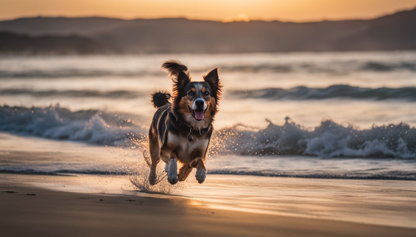 Dog Friendly Beaches In Jacksonville FL. A joyful dog runs along the shore at a dog-friendly beach.