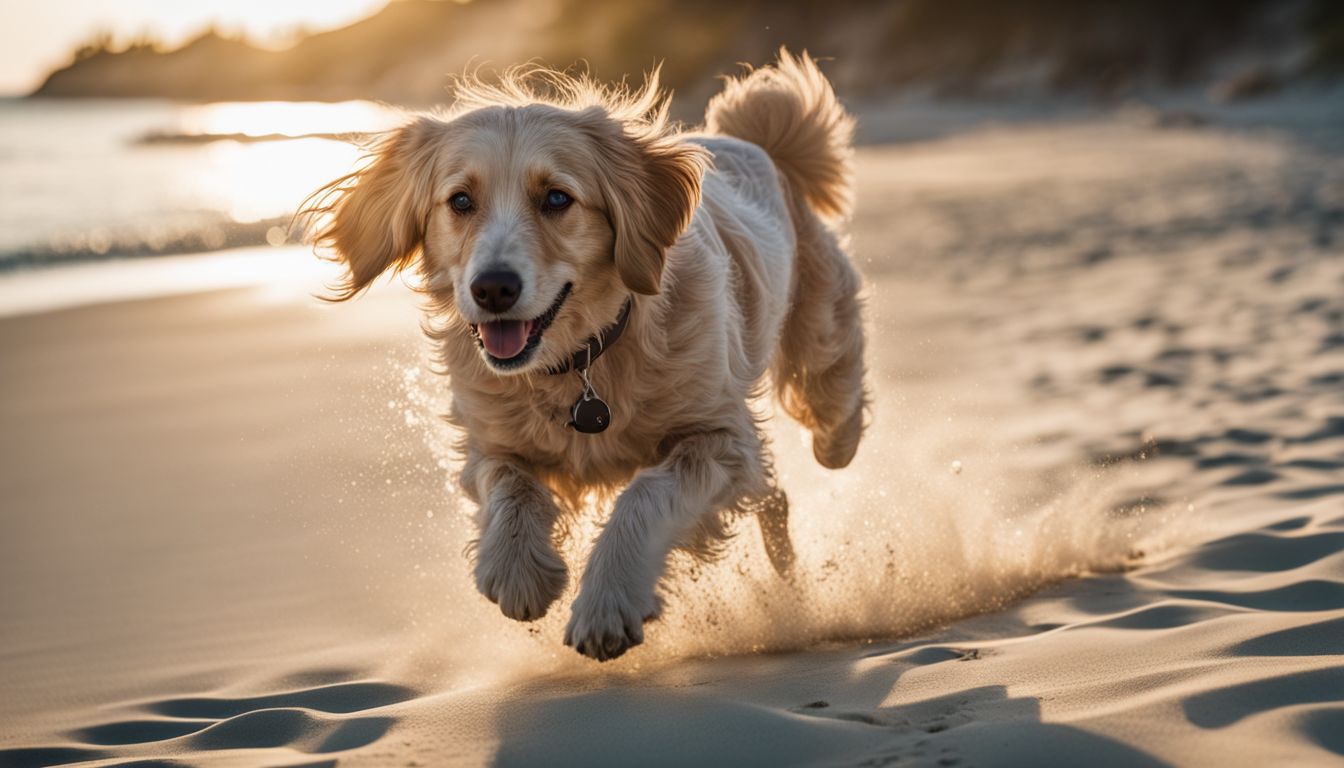 Dog Friendly Beach Naples FL. A happy dog running on a beautiful white sandy beach with clear blue waters.