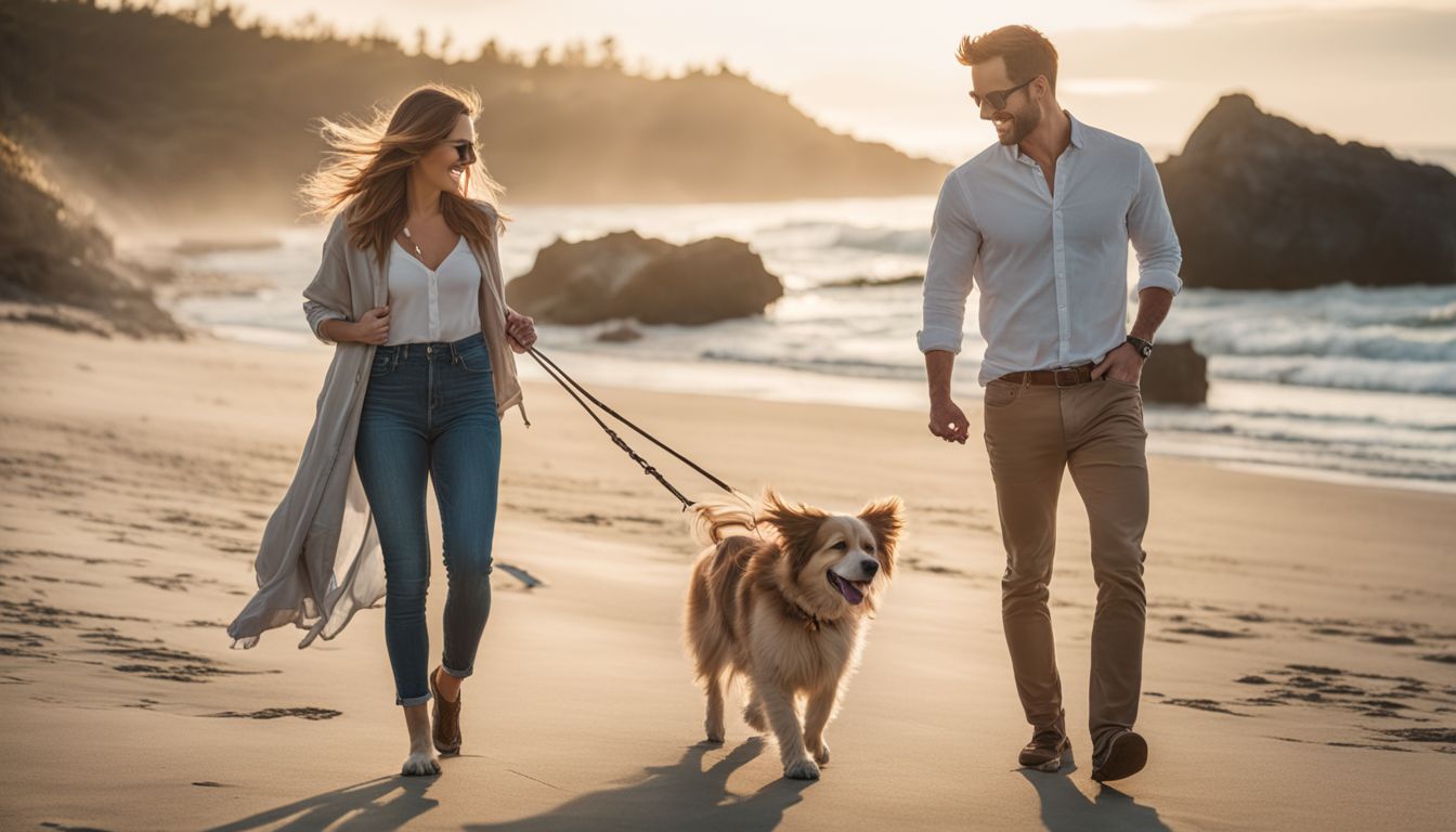 Dog Friendly Beaches In Destin Florida. A couple walks their dog on a scenic pet-friendly beach with bustling atmosphere.