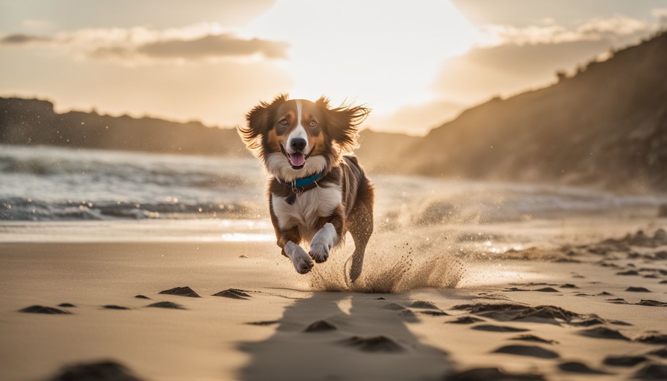 Dog Friendly Beaches In Destin Florida. A joyful dog is playing on a pet-friendly beach with a bustling atmosphere in a photograph.