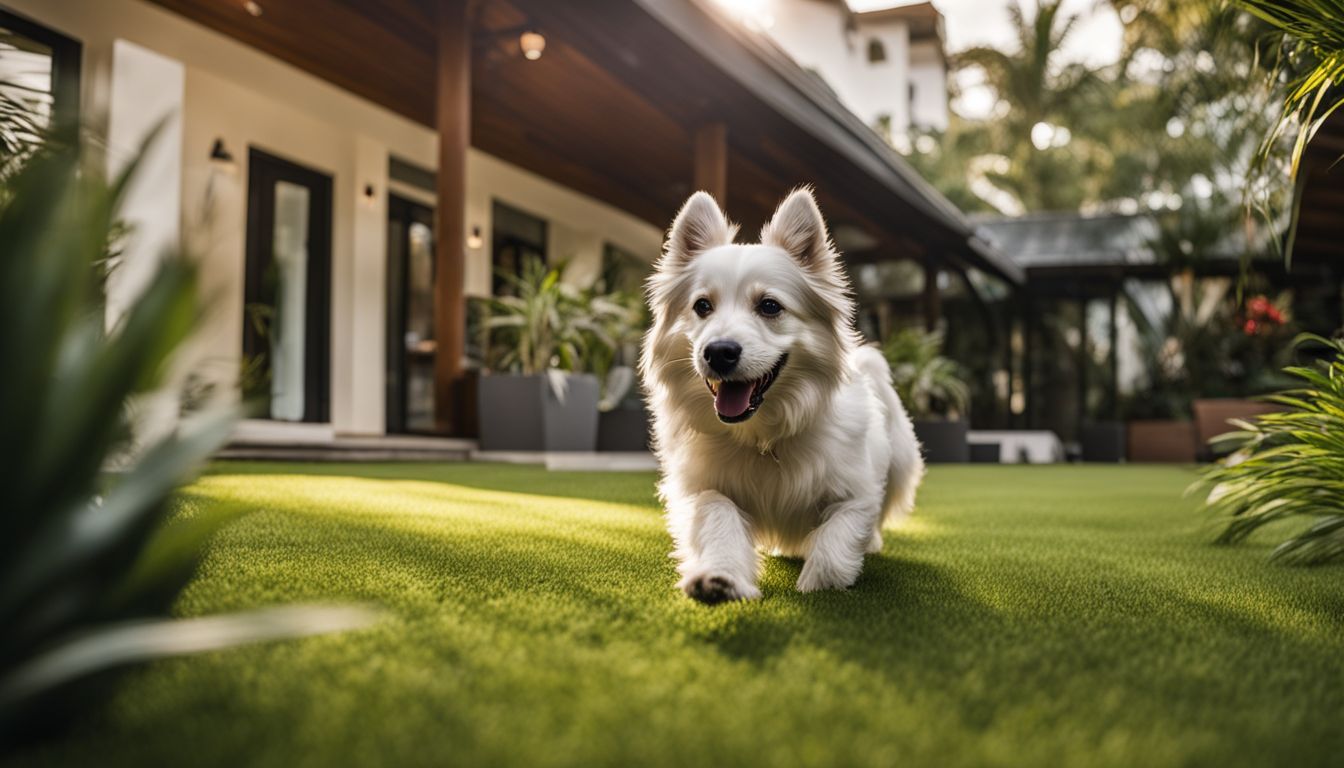 vSt Augustine Dog Friendly Beaches: A happy dog playing in a pet-friendly hotel surrounded by lush greenery.