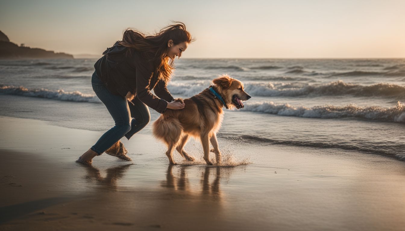 Miramar Beach Dog Friendly. A dog playing on the beach with its owner in a lively atmosphere.