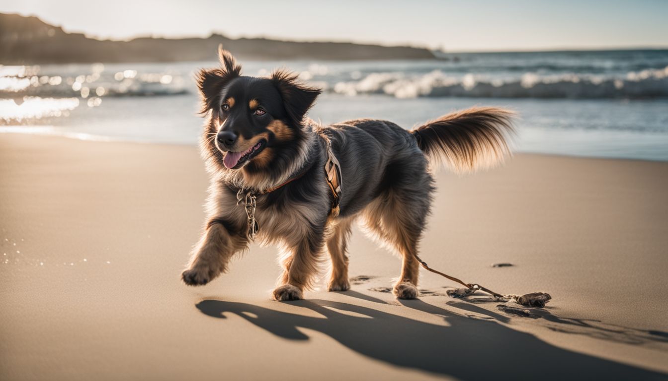 Dog Friendly Beaches Los Angeles. A dog walking calmly on a leash at a sunny, clean beach with a vibrant atmosphere.