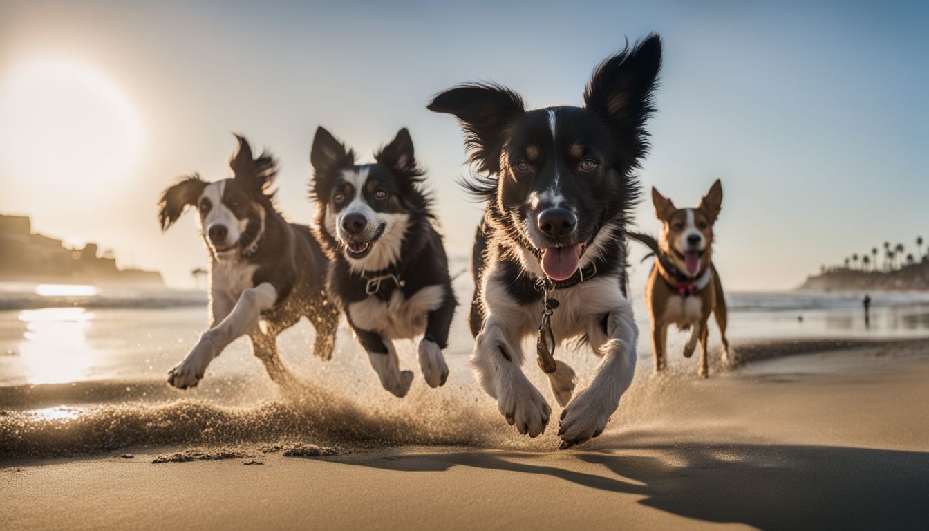 Dog Friendly Beach Oceanside. Dogs playing happily on the sandy shore of Oceanside Beach, captured with a high-quality camera for a beautiful nature photograph.