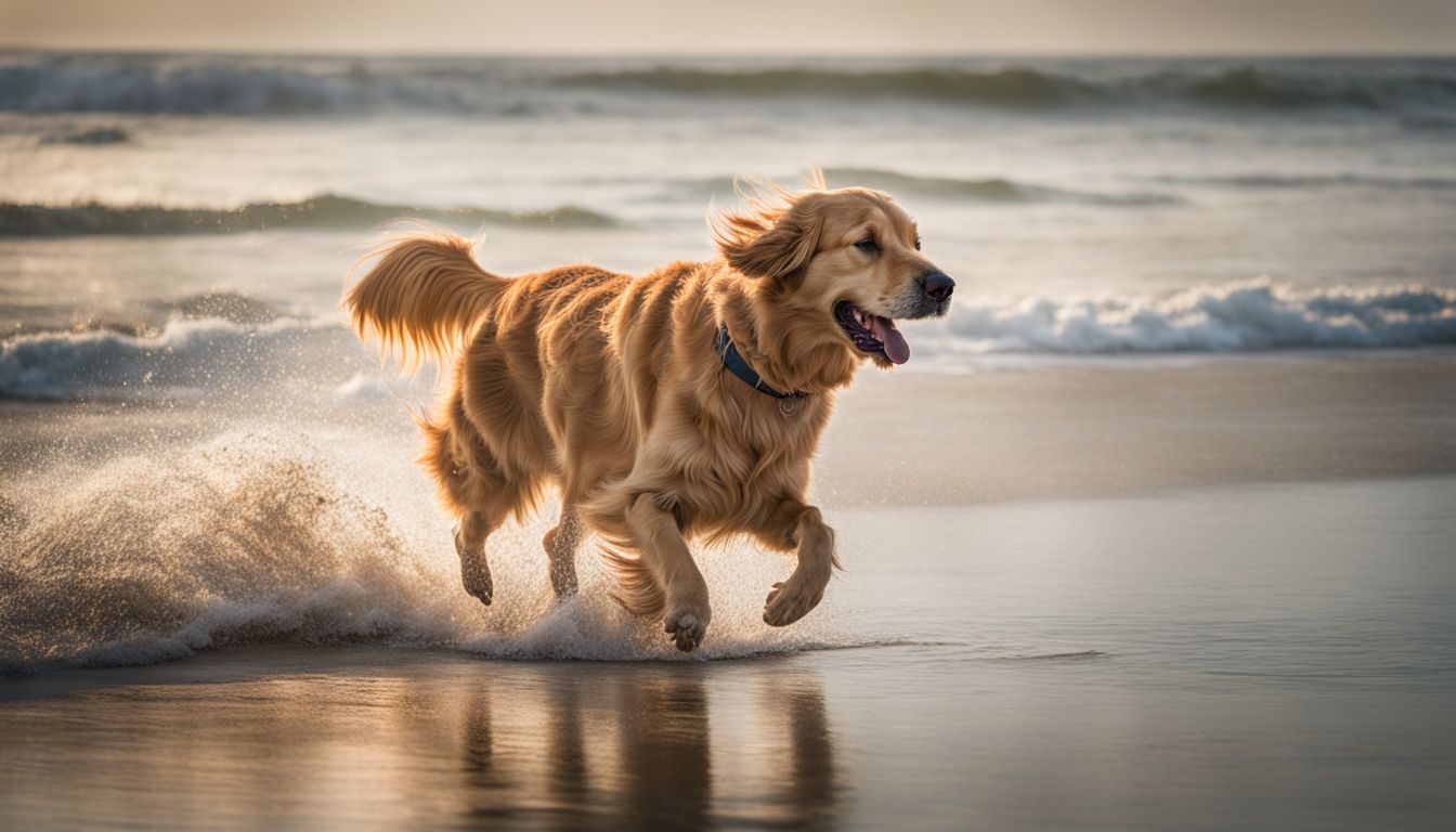 Dog-Friendly Beaches Lake Tahoe. A happy golden retriever running on the shore at Kiva Beach with people in the background.