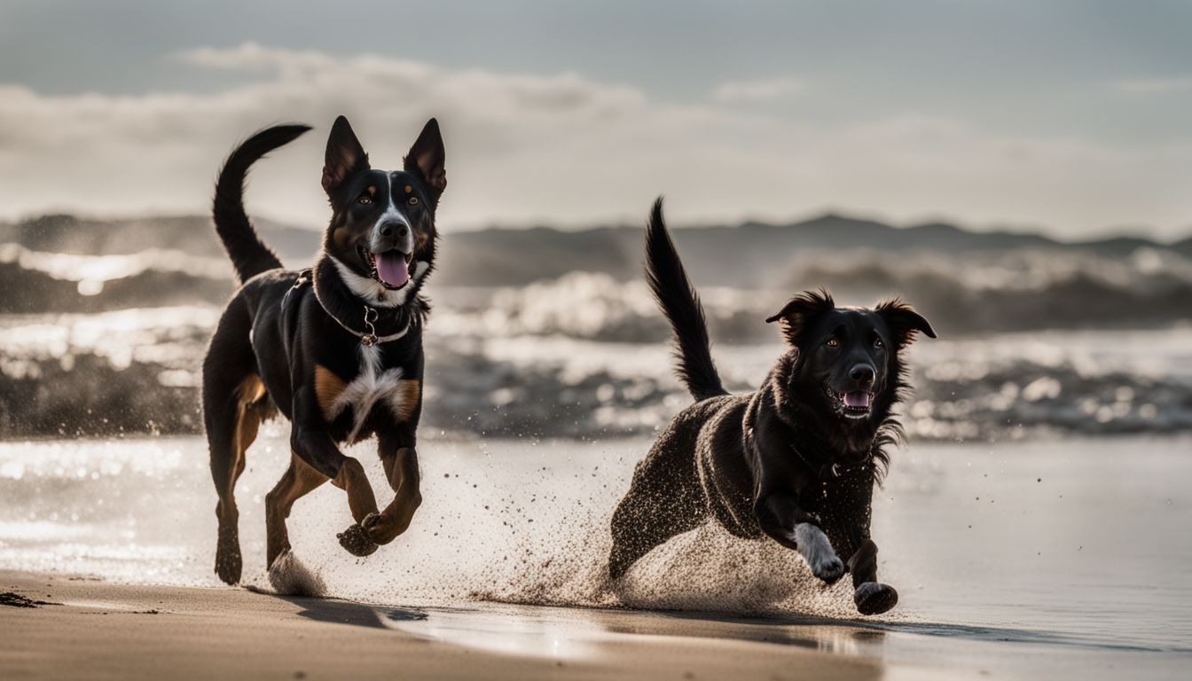 Stinson Beach Dog Friendly. A lively scene of dogs playing fetch on the beautiful Upton Beach, captured in high-quality photography.