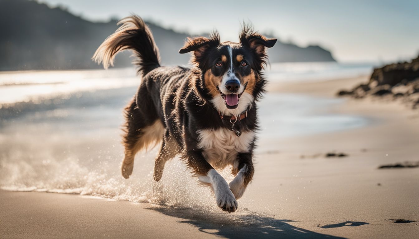 Dog Friendly Beaches In Tampa. A happy dog playing fetch on a sunny dog-friendly beach with a bustling atmosphere.