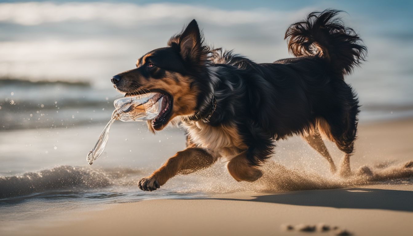 Dog-Friendly Beaches Lake Tahoe. A dog playing fetch on a sandy beach with clear blue water.