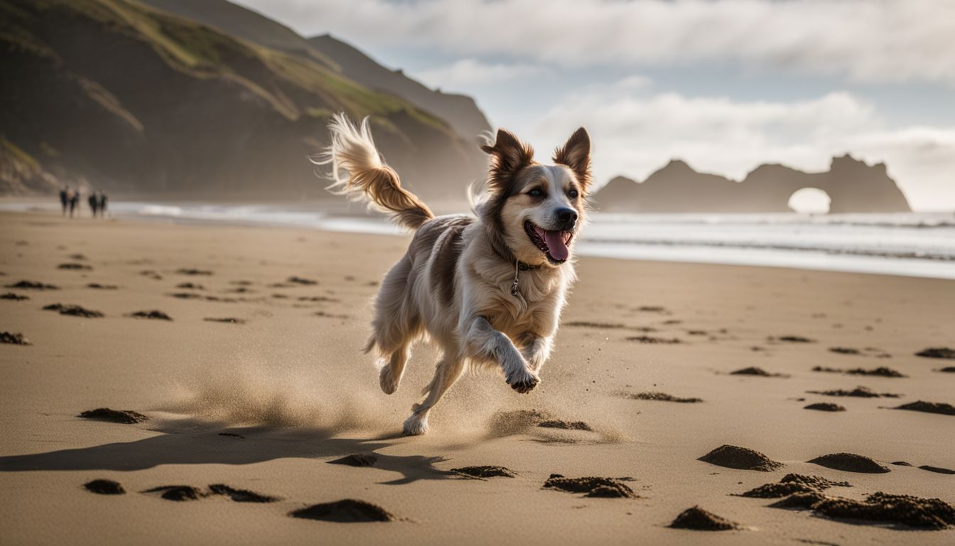 Dog Friendly Beaches San Francisco. A joyful dog playing fetch on a sunny day at Baker Beach.