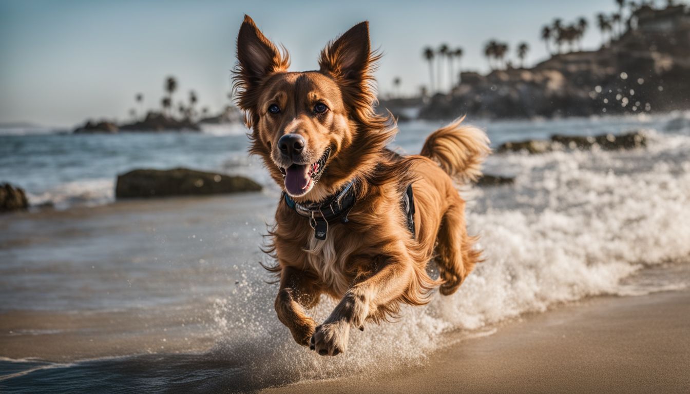 Orange County Dog Friendly Beaches. A joyful dog enjoys running on the beach with a bustling atmosphere captured in high-quality photography.