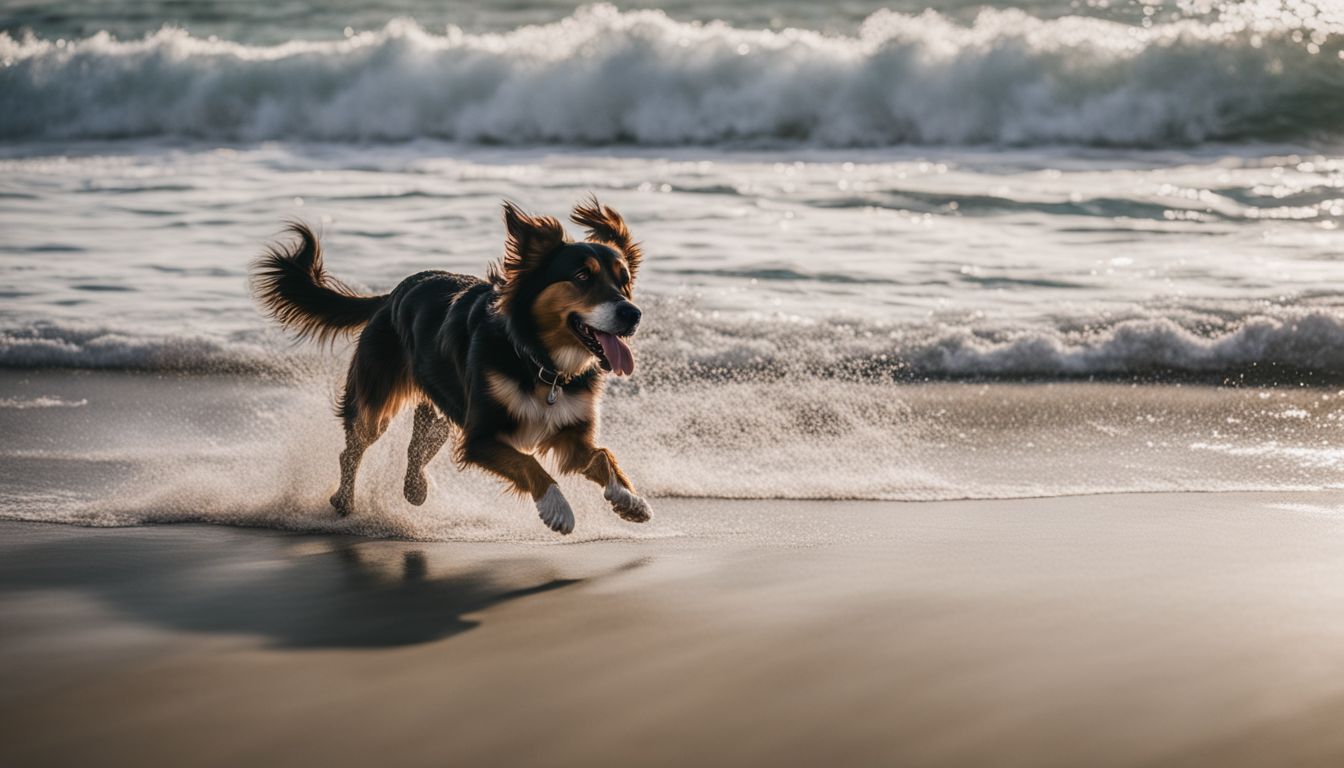 Dog Friendly Beaches Santa Monica. A playful dog running along Rosie's Dog Beach in different outfits and hairstyles captured in high-quality photos.