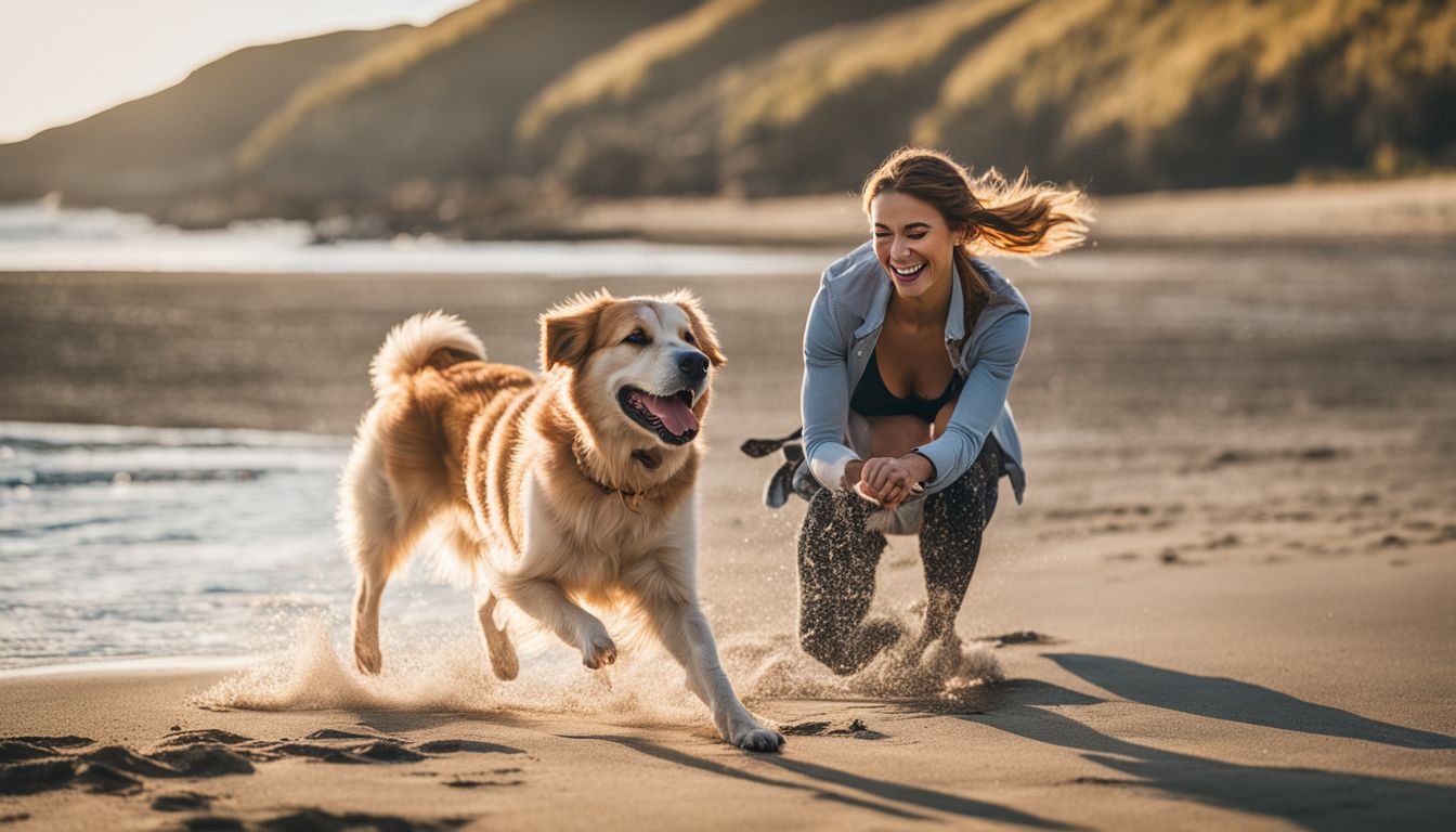 Dog Friendly Beach Venice FL. A happy dog plays with its owner on a sunny beach in a bustling atmosphere.