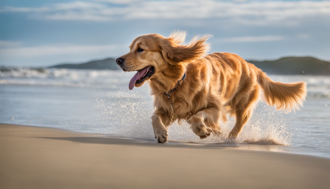 Dog Friendly Beaches Panama City FL. A joyful Golden Retriever playing fetch on a sandy shore with a busy atmosphere.