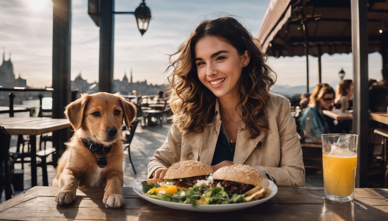 Venice Beach Dog Friendly. A person and their dog enjoying a meal at an outdoor cafe in a bustling city.