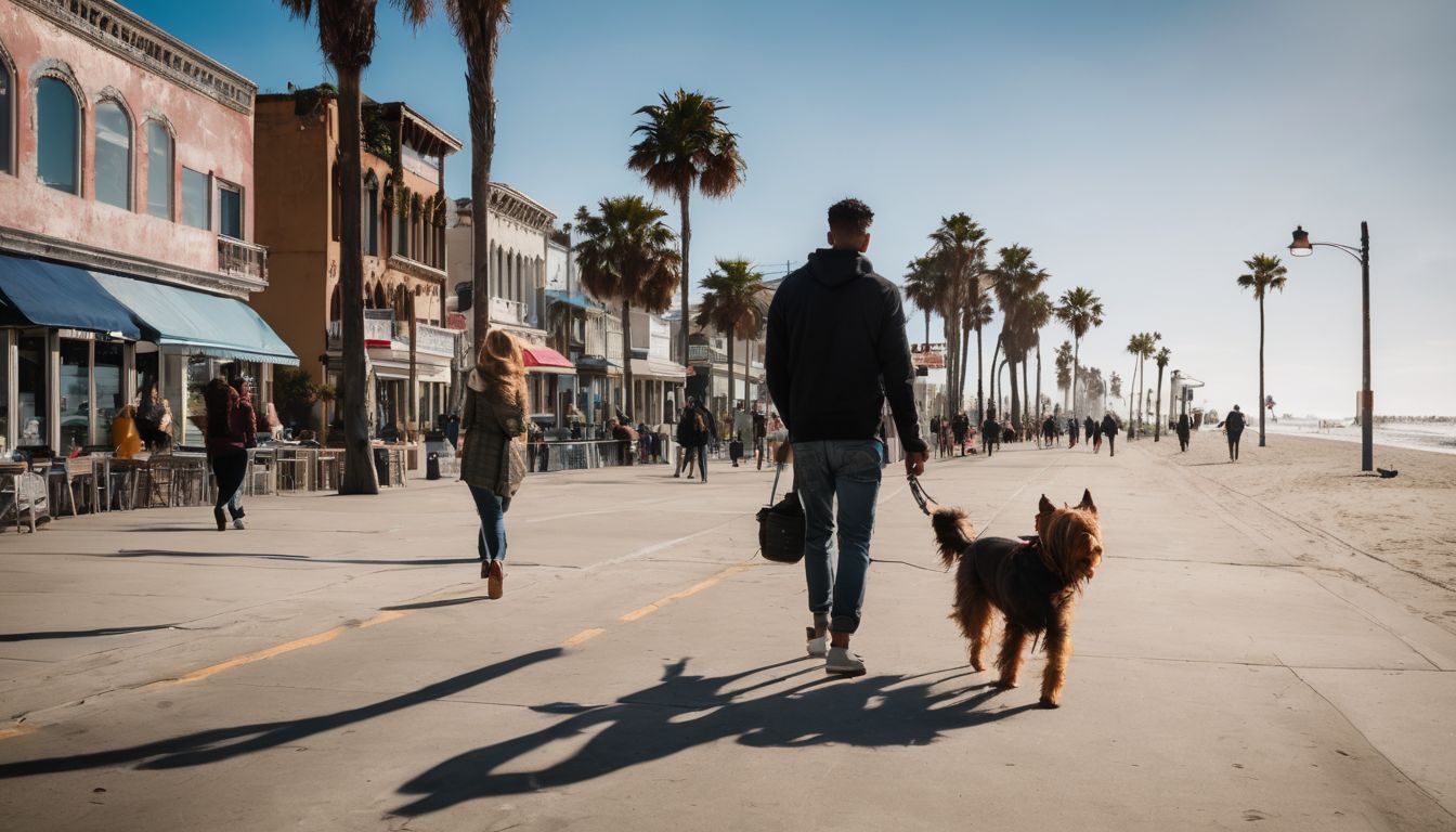 Venice Beach Dog Friendly. A person walks their dog along the bustling Venice Beach boardwalk in a variety of outfits and hairstyles.