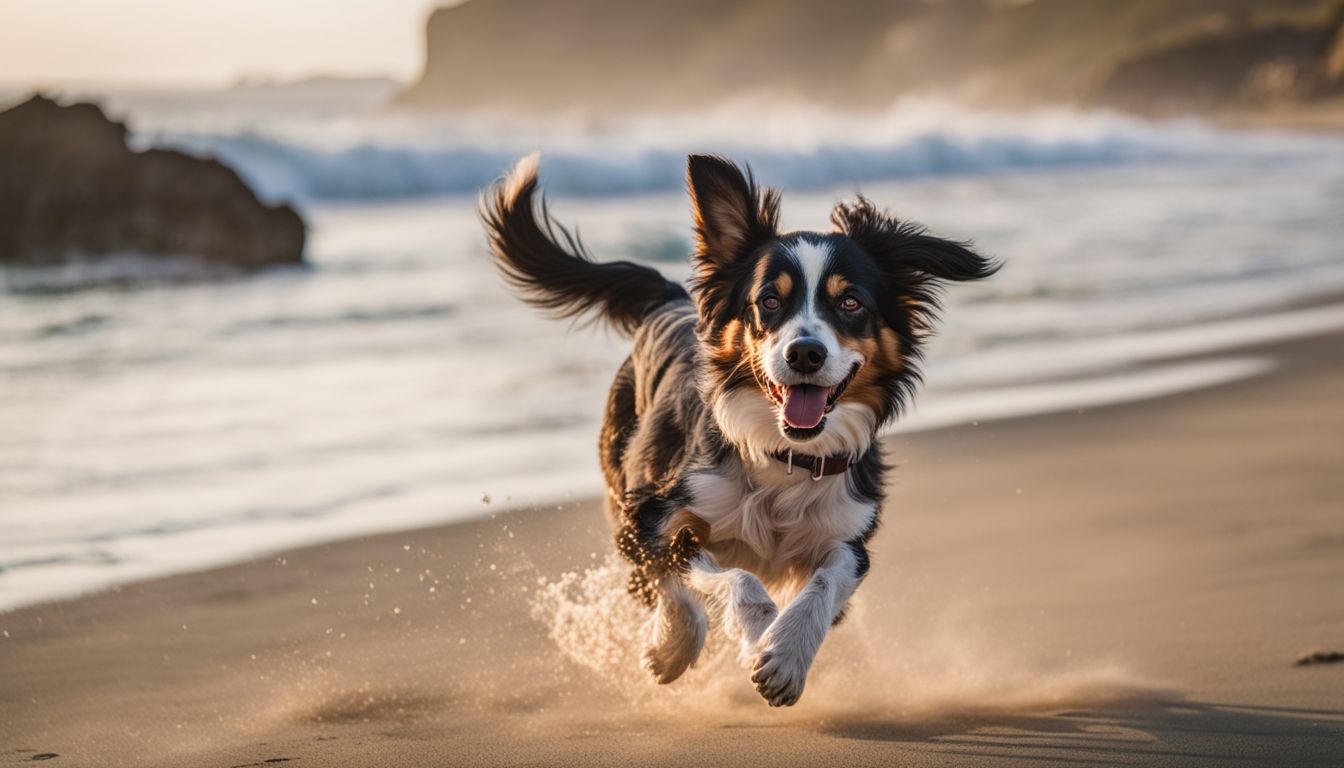 Dog Friendly Beach Oceanside. A happy dog enjoys running on a pet-friendly beach with beautiful coastal scenery.