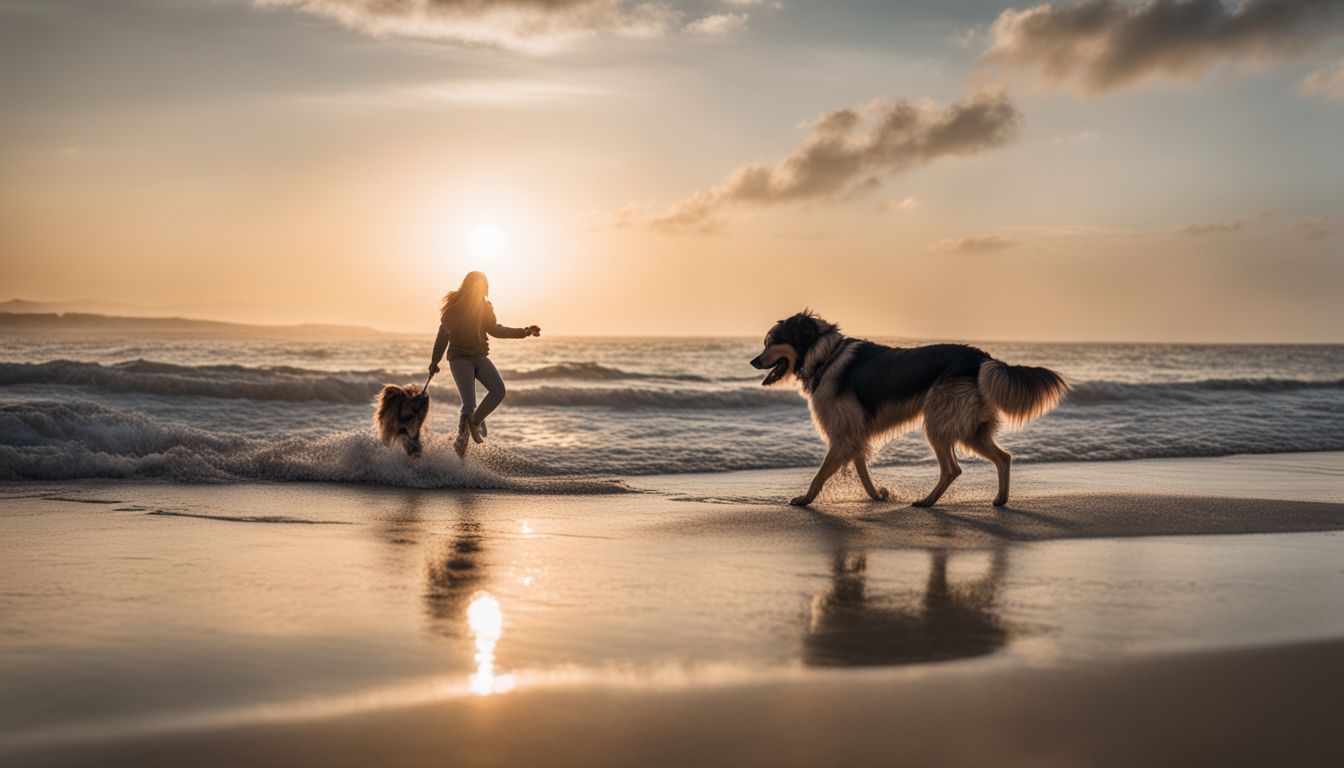 Dog Friendly Beaches Santa Barbara. A dog and its owner play on the sandy shore in a well-lit, bustling atmosphere.