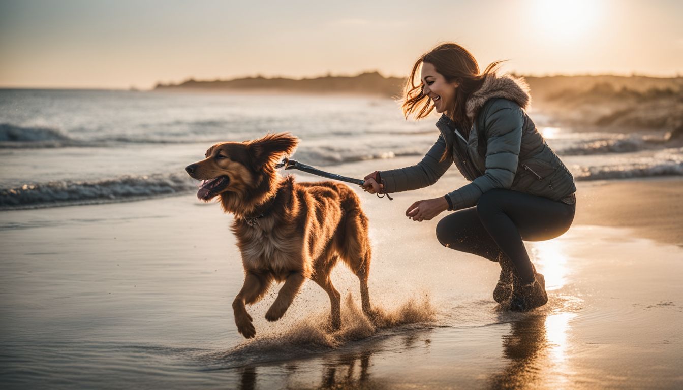 Dog Friendly Beaches Santa Monica. A joyful dog plays with its owner on a sandy beach in a bustling atmosphere.